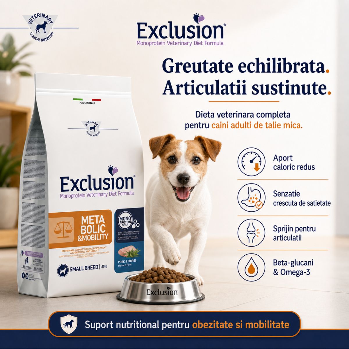 EXCLUSION Monoprotein VD Metabolic & Mobility Small, XS-S, Porc și Fibre, dietă veterinară, hrană uscată câini, obezitate, sistem articular, 2kg - imagine 5